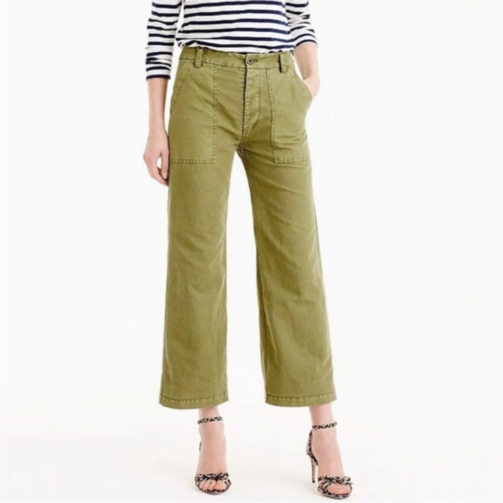 J. Crew Linen Cotton Blend Wide-Leg Crop Pant Olive Green Size 8